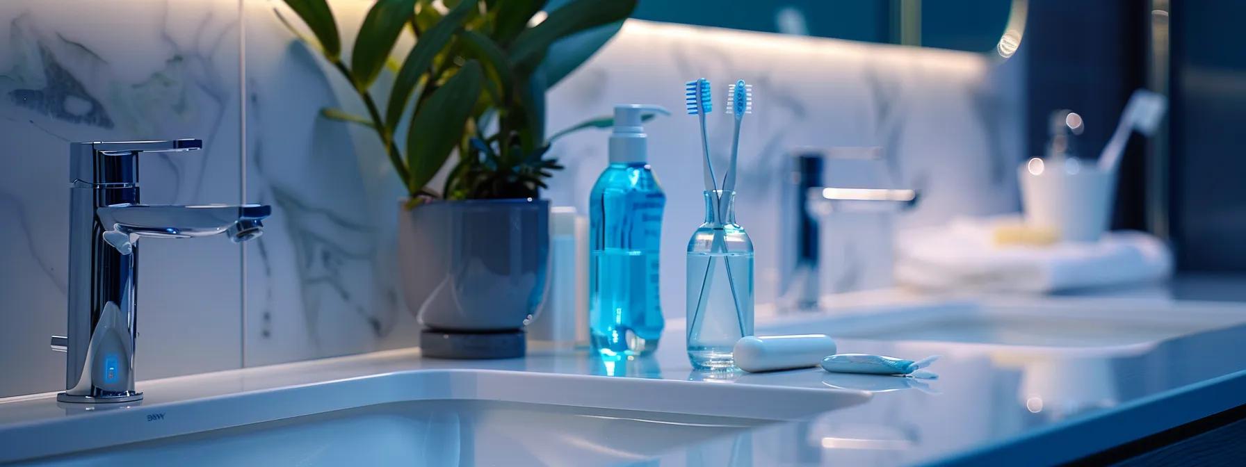 a sleek, modern bathroom countertop showcases a stylish toothbrush holder, an elegant floss dispenser, and a vibrant mouthwash bottle, emphasizing the importance of an integrated daily oral hygiene routine. a sleek, modern bathroom countertop showcases a stylish toothbrush holder, an elegant floss dispenser, and a vibrant mouthwash bottle, emphasizing the importance of an integrated daily oral hygiene routine.
