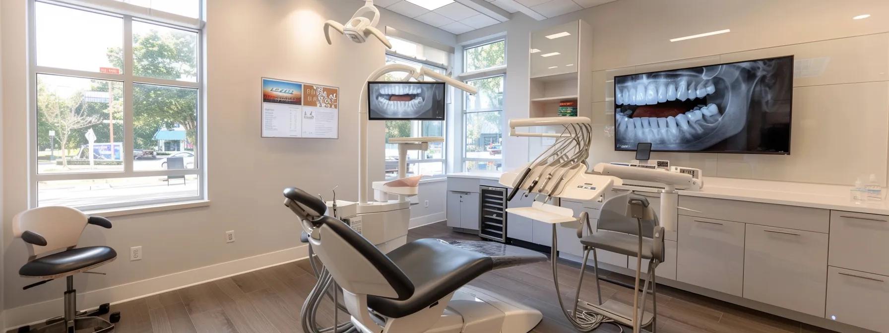 a modern dental office with a polished, bright examination room featuring a state-of-the-art dental chair, flossing tools displayed prominently, and a large screen showing a step-by-step flossing technique demonstration, emphasizing the importance of oral health care. a modern dental office with a polished, bright examination room featuring a state-of-the-art dental chair, flossing tools displayed prominently, and a large screen showing a step-by-step flossing technique demonstration, emphasizing the importance of oral health care.