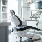 a sleek, modern dental clinic interior showcases an inviting dental chair under bright, focused lighting, emphasizing the importance of oral health in a crisp, sterile environment.
